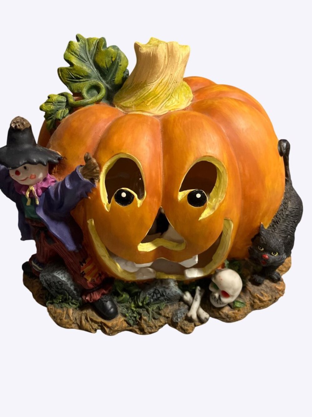 Vintage  Halloween Light-Up Pumpkin With Scarecrow Black Cat & Skull Accents